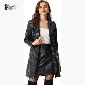 Faux Leather Trench Coat with Notched Lapel Collar and Belt